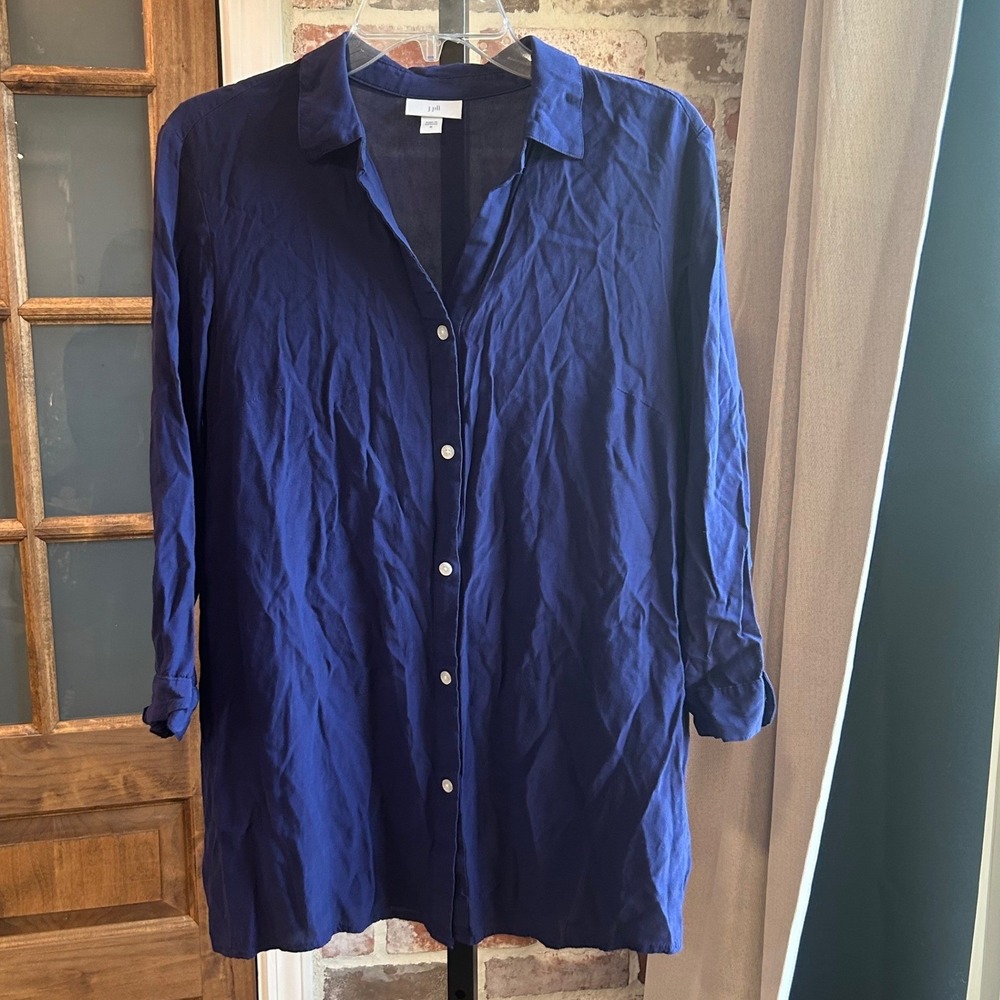 J. Jill Button Down Shirt Women Blue 3/4 Sleeve Tunic Blouse Classic Lagenlook M